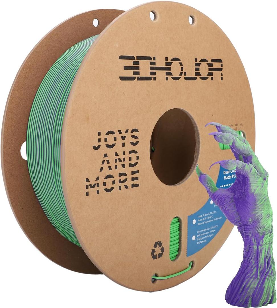 Dual Color Matte PLA 3D Printer Filament 1.75mm 2 in 1 Coextrusion 1KG Spool (2.2lbs) Multicolor PLA with Smooth Matte Finish for FDM 3D Printers - Green Purple