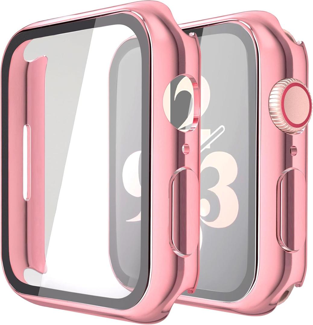 Misxi 2 Pack Hard PC Case with Tempered Glass Screen Protector Compatible with Apple Watch Series 9 (2023) Series 8 Series 7 45mm, Ultra-ThinCover for iWatch S9/S8/S7, 1 Rose Pink + 1 Transparent