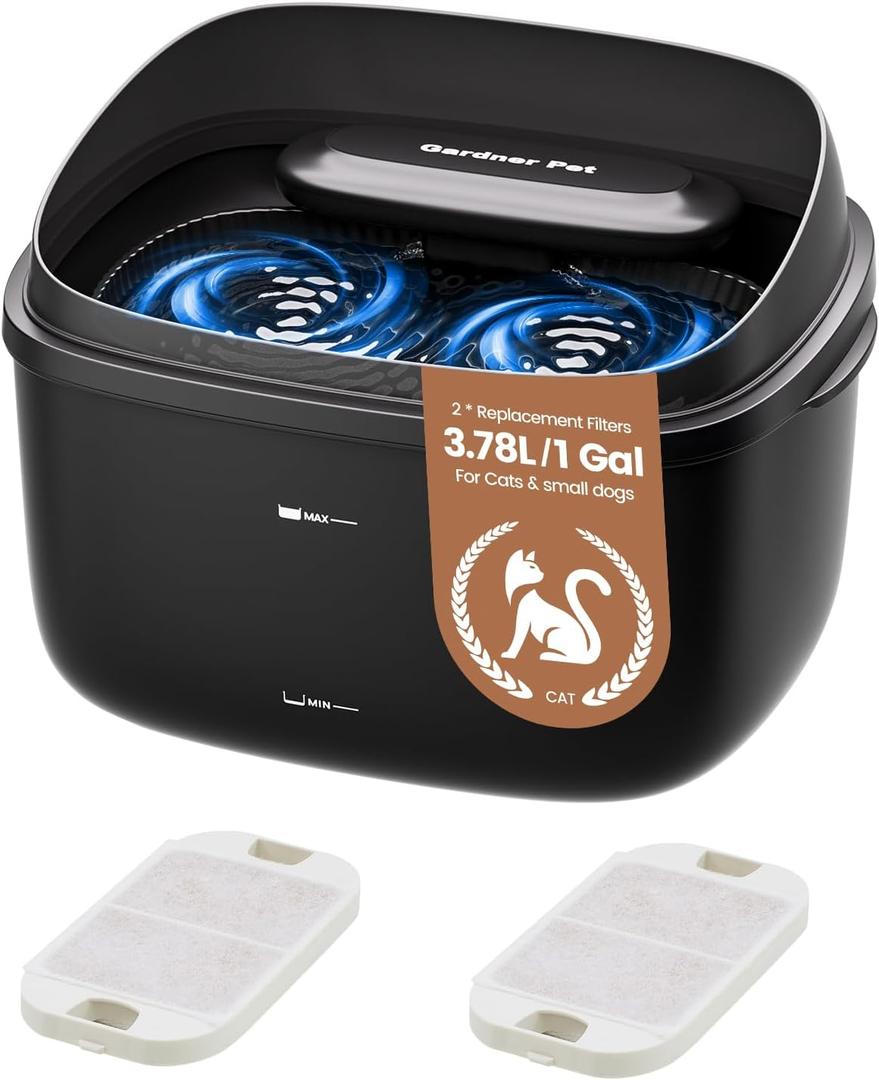 Gardner Pet Cat Fountain 1 Gallon, Vortex Dog Water Fountain, Ultra Quiet Automatic Cat Fountain with Filter, Transparent Tank, Splash-Proof, Easy to Clean,Without Adapter (Black)