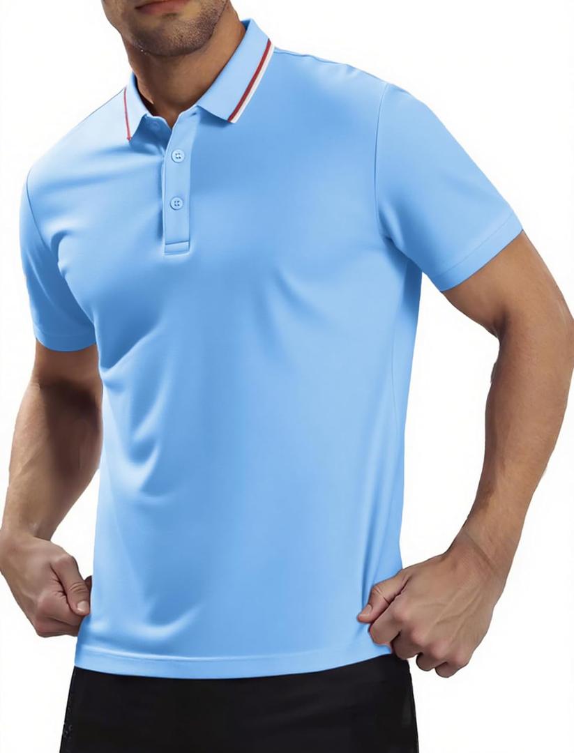 MagnaMan Slim Fit Short Sleeve Polo Shirts for Men - Cotton, Business Casual Stretch Shirt, Breathable Golf & Office Wear (Blue, L)
