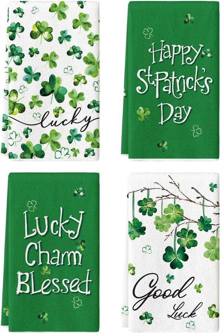 Artoid Mode Clover Shamrock St. Patrick's Day Kitchen Towels Dish Towels, 18x26 Inch Good Luck Farmhouse Holiday Decoration Hand Towels Set of 4