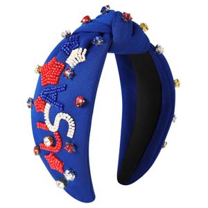 4th of July USA Beaded Headbands for Women Girls Red White Blue American Flag Headband Knotted Crystal Pearl Patriotic Hairband American Fourth of July Accessories Gifts