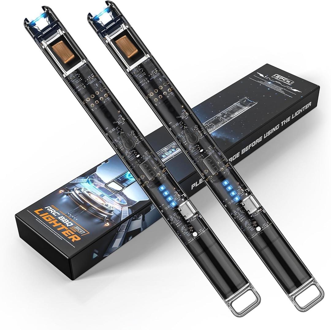KTEBO 2 Pack Electric Candle Lighters - 7.4 inch Long USB Rechargeable Plasma Arc Lighter with Safety Lock, Windproof Lighter for Candles, Grill, Camping - See-Through Tech Design, Stocking Stuffers (Black+black)
