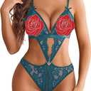 Avidlove Lingerie for Women Sexy Lace Bodysuit Deep V Teddy Babydoll One Piece Lingerie, Large, Blue Green 