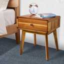 ENKEZI Small Mid Century Acacia Night Stand with Drawer Dresser, Handcrafted Small Nightstand, Space-Saving Bedroom Side Tables with Acrylic Coating, No Visible Nails