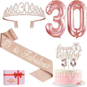 30th Birthday Decorations for Her, Including 30th Birthday Sash and Tiara, Cake Topper and Candles, Number Balloons, 30 Year Old Gifts for Women