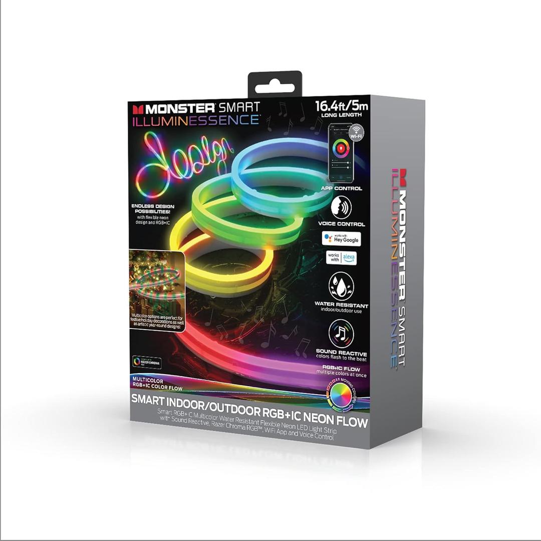 Monster 16.4ft Neon Flow Indoor/Outdoor Multi-Zone LED Light Strip, Create Unique Multicolor Lighting With App, Flexible, Waterproof, Works With Alexa/Google Assistant/Siri, Mounting Clips Included