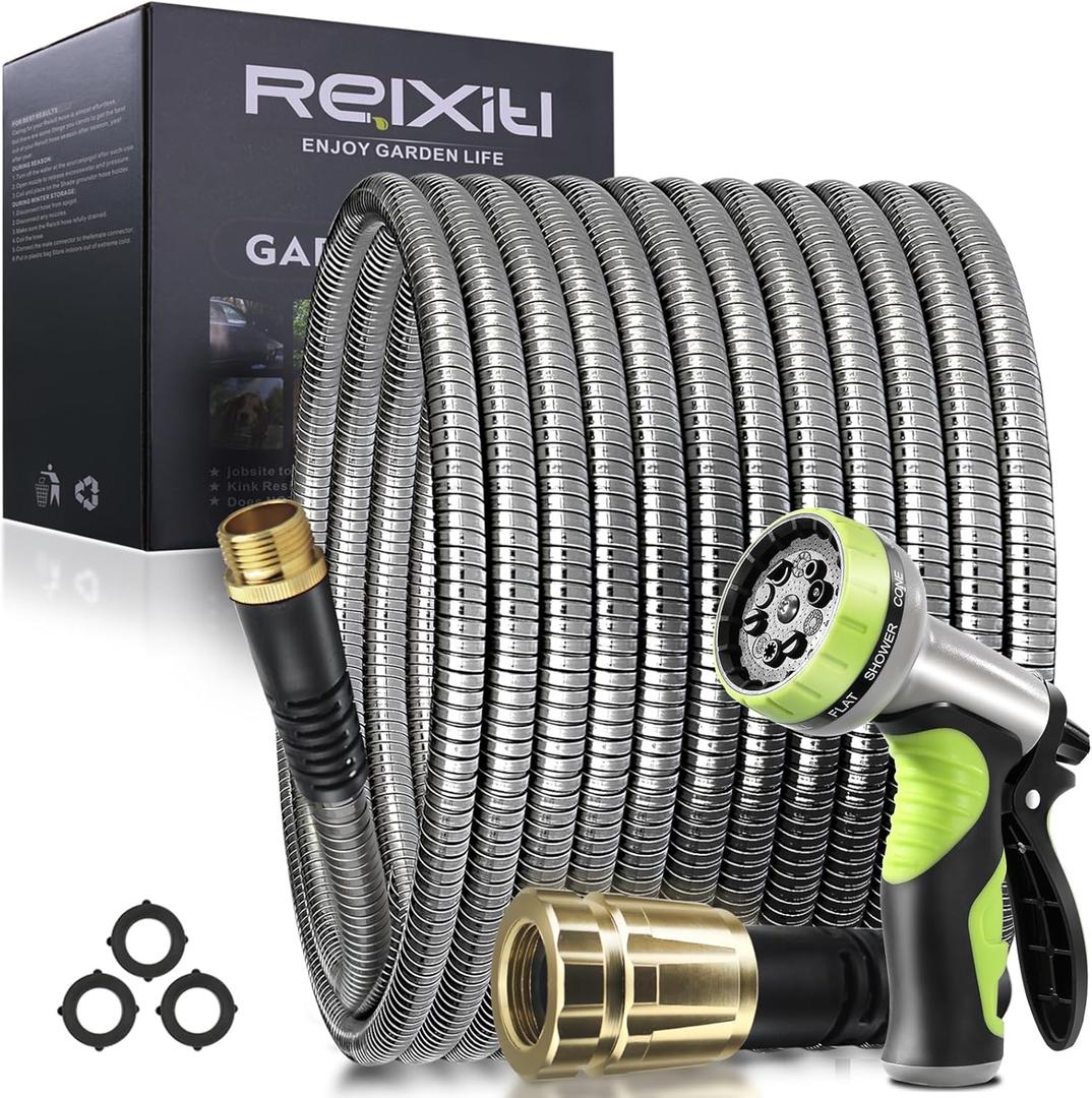100FT Metal Garden Hose - Stainless Steel, Heavy Duty, Flexible & Lightweight, Never Kink and Tangle, with 10-Function Nozzle, Pressure Resistant for Outdoor Use (Yellow)