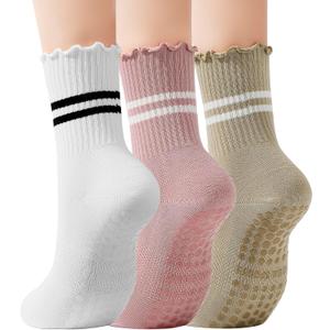 American Trends Pilates Crew Socks for Women with Grips, Non Slip Ruffle Sock for Yoga Barre and Workout