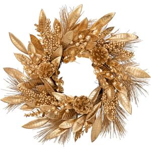 16" Artificial Christmas Wreaths for Front Door Gold Wreath with Pinecones and Magnolia Leaves for Christmas Thanksgiving Winter Holiday Door Decoration