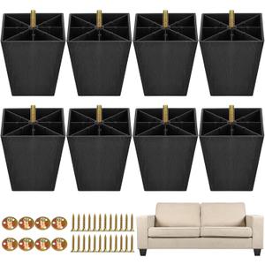 TURSTIN 8 Pack 4 Inch Furniture Legs Plastic Sofa Couch Legs Square Tapered Feet Sofa Legs with M8 T-Nuts Screws for Legs Sofas Chairs Cabinets Dressers Beds, Black