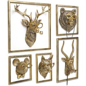 Animal Heads Wall Decor (5pcs, Includes Metal Frame) Resin Animals Sculptures Head Wall Hanging Decoration Gold vintage Wall Sculpture for Living Room Bedroom Office 