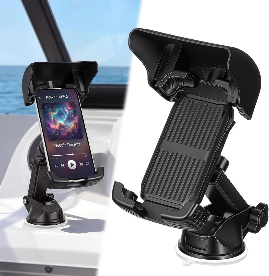 Tellegloww 1 Pack Boat Phone Holder, Marine Cell Phone Holder with Sunshade, Black 360 Degree Adjustable Suction Cup, Smartphone Accessory for Boat Rail, Car, Cycling, Pontoon and Outdoor Use