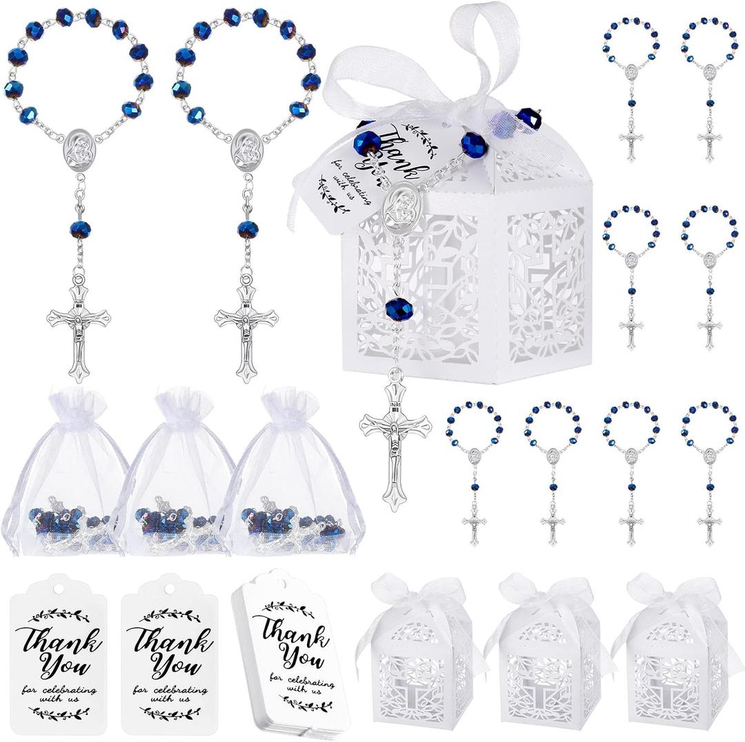 Yinkin 100 Pcs Baptism Favors Set Including 25 Mini Rosary Baptism Favors 25 Organza Bags with Drawstring 25 Thank Kraft Tags 25 Boxes for Christening Party Wedding Supplies Gifts(Blue)