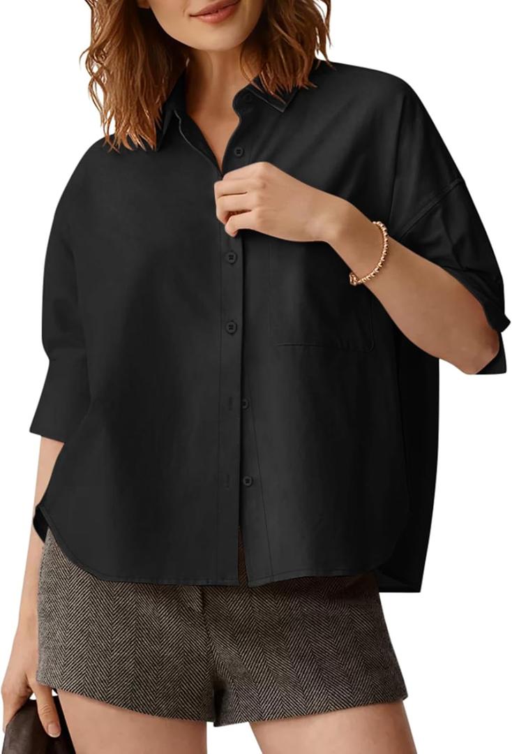 Womens Summer Button Down Shirt Half Sleeve Blouses Dressy Business Casual High Low Crop Tops with Pocket L