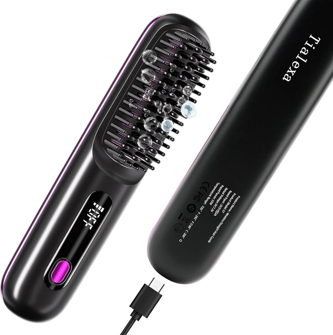 2025 Upgraded Cordless Hair Straightener Brush for Travel, 200 Million Negative Ionic Portable Hair Straightener Comb for Women with LED Display & 3 Temps Fast Heating MCH Ceramic Coating Smooth Frizz (Black)