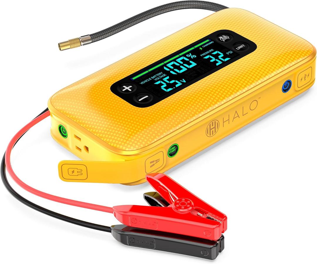 HALO Bolt Ultimate 3 Portable Car Battery Jump Starter | 130 PSI Air Compressor, 55.5Wh USB Power Bank, Large Display, Emergency Floodlight & Charger, Jumps Cars SUVs & Trucks, Inflates Tires Yellow
