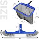 Pool Brush Head & Fine Mesh Pool Skimmer Kit17" Pool Brushes for Cleaning Pool Wall Reinforced Frame Pool Net Leaf Skimmer Cleaning Tool with Deep Fine Nylon Mesh Net Bag for Fast Cleaning