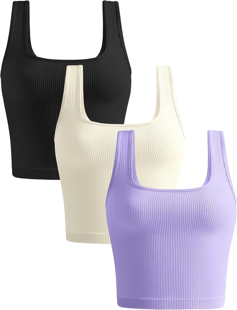 KIKIMINK Womens Crop Tank Tops 3 Pack Seamless Ribbed Sleeveless Square Neck Workout Yoga Gym Shirts Fitted Basic Camisole (M)
