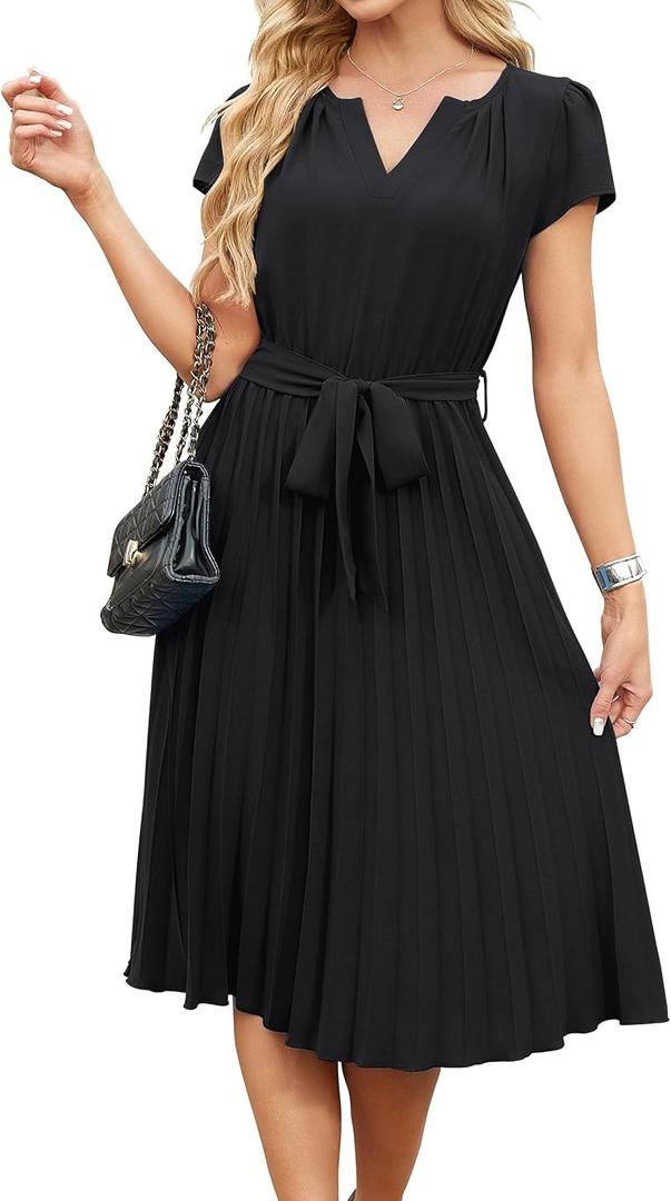 ECOWISH Womens Casual Midi Dresses Solid V Neck Short Sleeve Button Shirt Belted Dress with Pockets for Spring Summer, Black X-Large