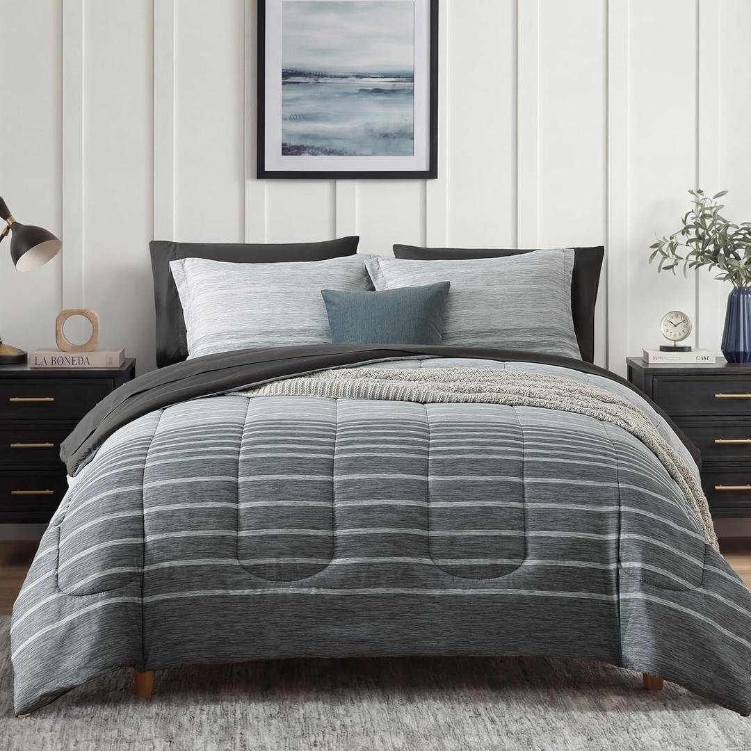 Monbix Queen Comforter Set - 7 Pieces Bed in a Bag Queen, Grey-Stripe Bedding Sets, All Seasons Comforter Bed Set with Sheets, Pillowcases & Shams
