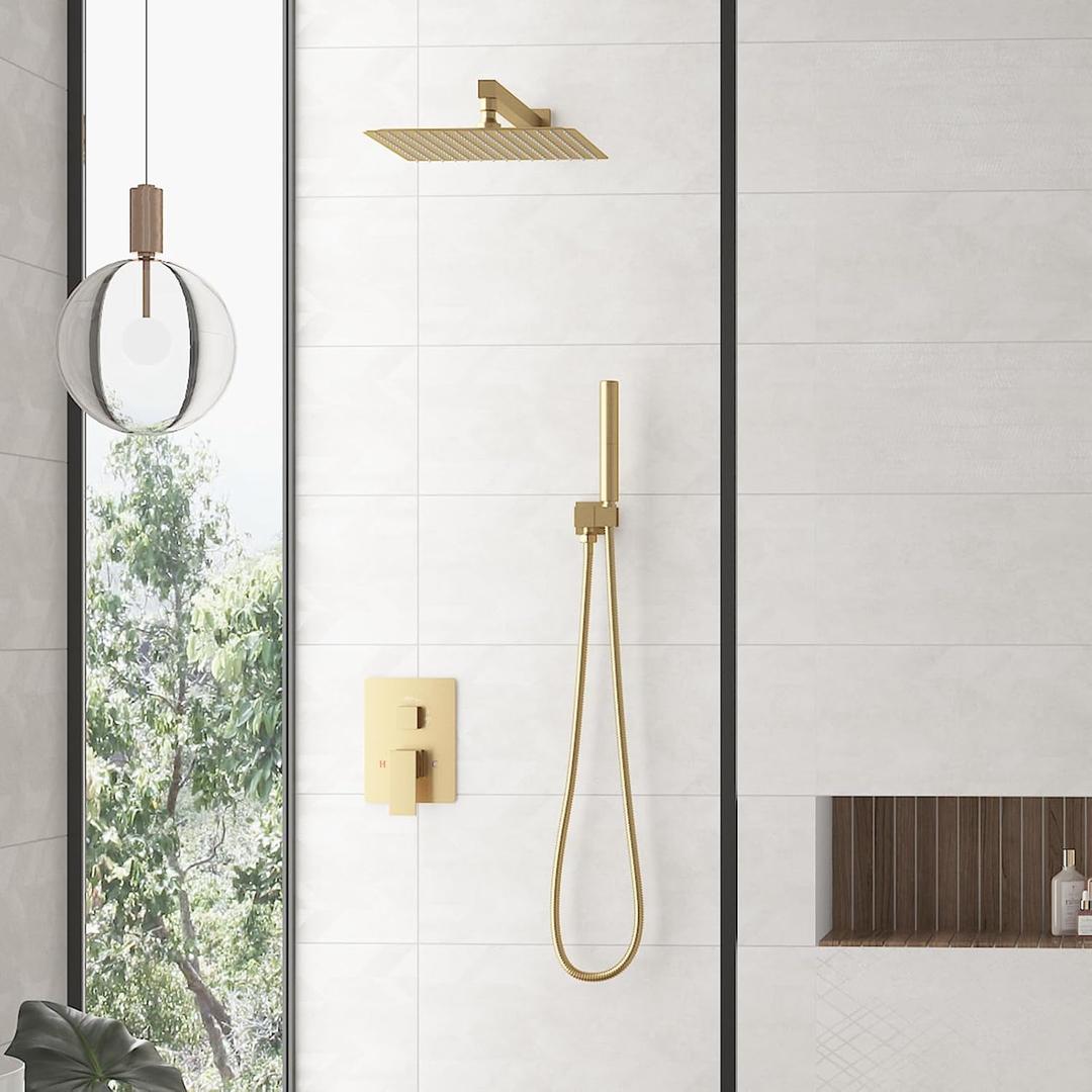 Hoimpro 12 Inch Square Rain Shower Head, Large Waterfall Rainfall Showerhead, High Pressure Stainless Steel Rainfall Rainhead, 1/16 Ultra-Thin Water Saving Design with Silicone Nozzle, Brushed Gold