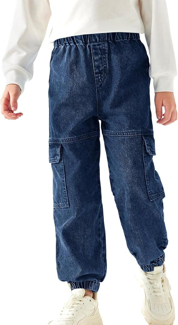 Haloumoning Boys Cargo Jeans Kids Elastic Waist Jogger Denim Pants Casual Trousers with Pockets 4-14 Years