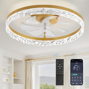 LEDIARY 20" Modern Ceiling Fans with Lights and Remote, Dimmable Low Profile Ceiling Fan, Flush Mount Fan, Stepless Color Temperature Change and 6 Speeds - Gold