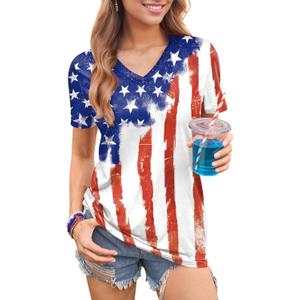 Women 4th of July Fourth of July Red White Blue Patriotic Top July Fourth Star Stripe V Neck T Shirt 3XL