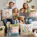 Easter Pillow Covers 18x18 set of 4,Vintage Decorative Eggs Bunny Throw Pillow Covers Retro Linen Pillowcases, Spring Holiday Home Decor Farmhouse Sofa Cushion Living Room Bedroom Happy Easter Gifts