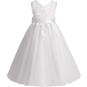 Flower Girl Dress for Wedding Tea Length Lace Applique Tulle Princess Kids Birthday Pageant Party Gown with Bow-Knot
