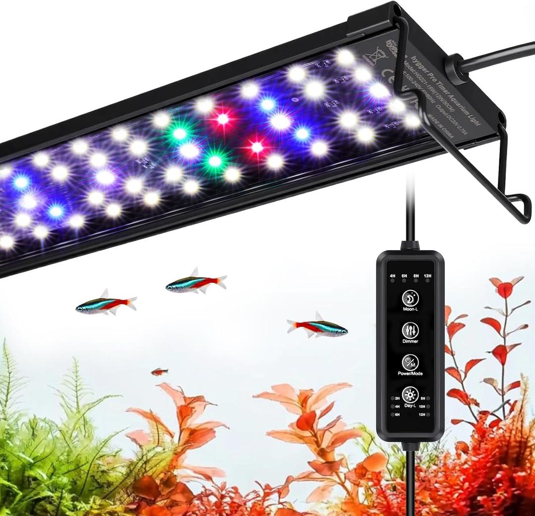 hygger LED Aquarium Light with Timer, 15W Full Spectrum Fish Tank Plant Growth Lamp, 24 H Remote Control, Adjustable Brightness & 10 Colors, Extendable Bracket, Power-Off Memory, Fits 12-18 Inch Tank