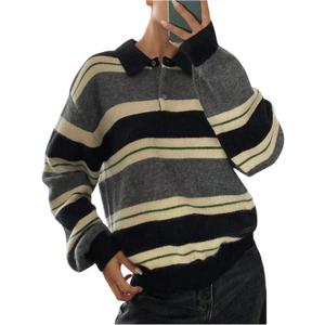 MakeMeChic Women Oversized Striped Pullover Long Sleeve Pullover Sweater Retro Autumn Sweater, Size L