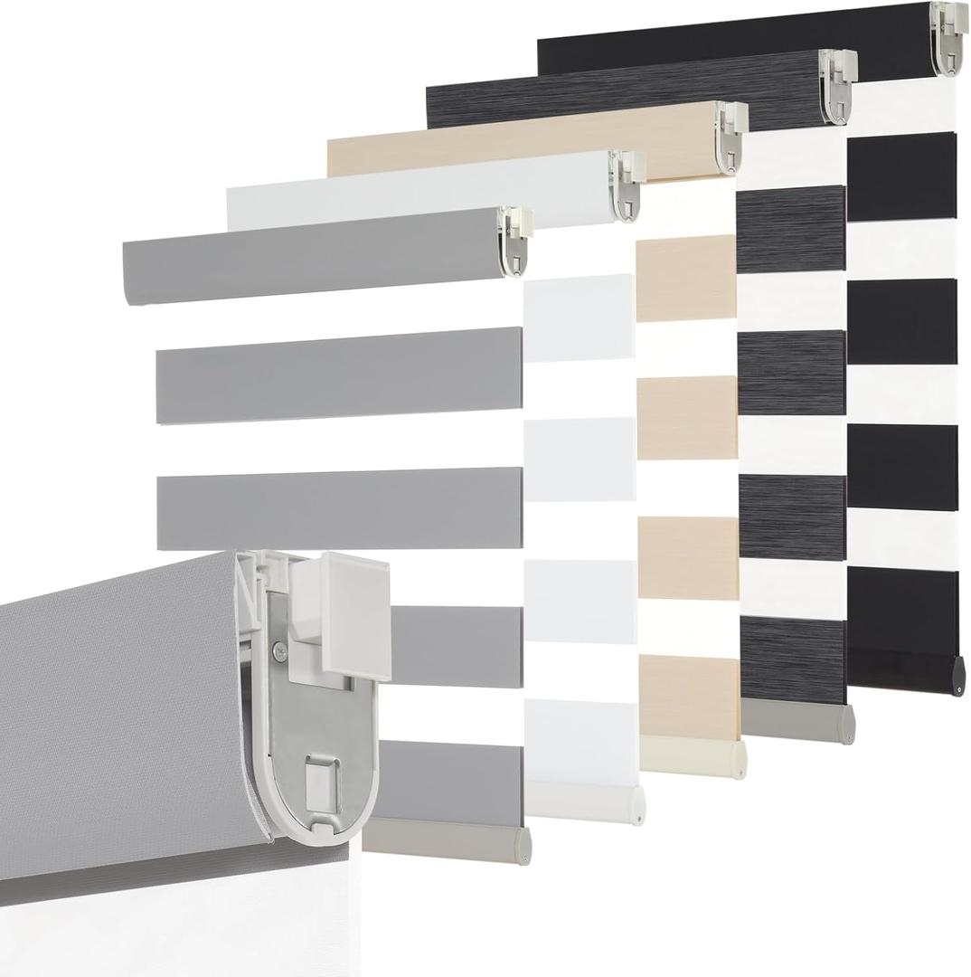 Persilux No Drill No Tools Custom Size Zebra Blind Dual Layer Privacy for Day and Night Window Blinds Light Filtering Windows Shades for Windows,Easy to Install Thermal Insulated Blinds,Light Grey