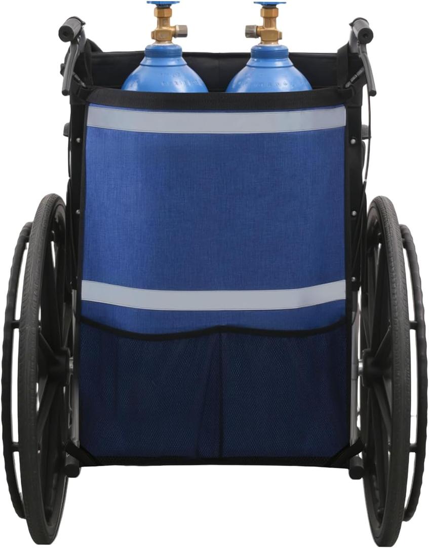 2 x Dual Oxygen Tank Holder for Wheelchiars, Oxygen Cylinder Bag with Adjustable Straps and Mesh Storage Pockets Fits D & E Cylinder, Fit for Walker, Rollator, Scooter (Blue)
