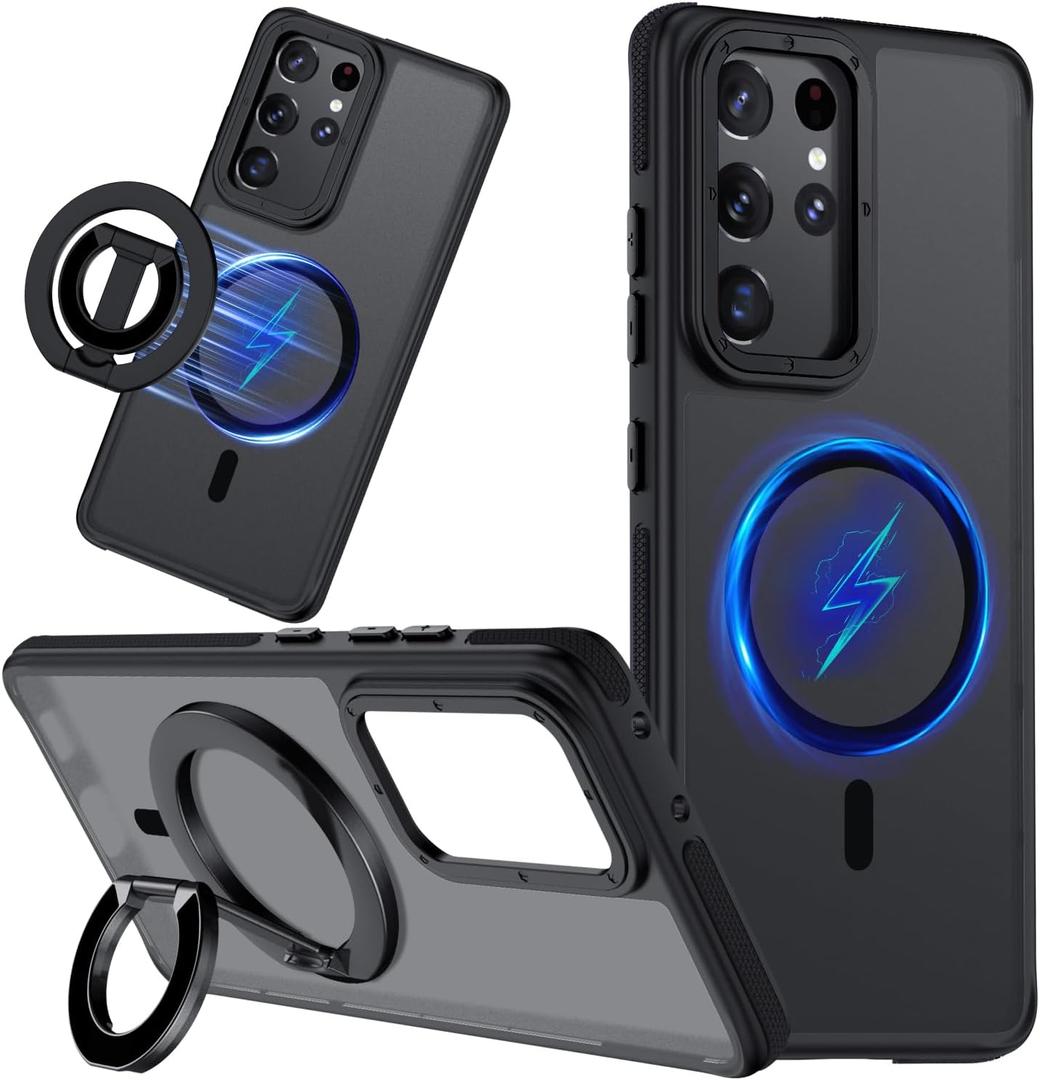 TIANNIUKE for Samsung Galaxy S21 Ultra Case, Dual-Side Magnetic Ring Holder,Compatible with MagSafe, Anty-Slip Grip,Military-Grade Protective, Adjustable Kickstand, Magnetic Phone Case 2 (Black)