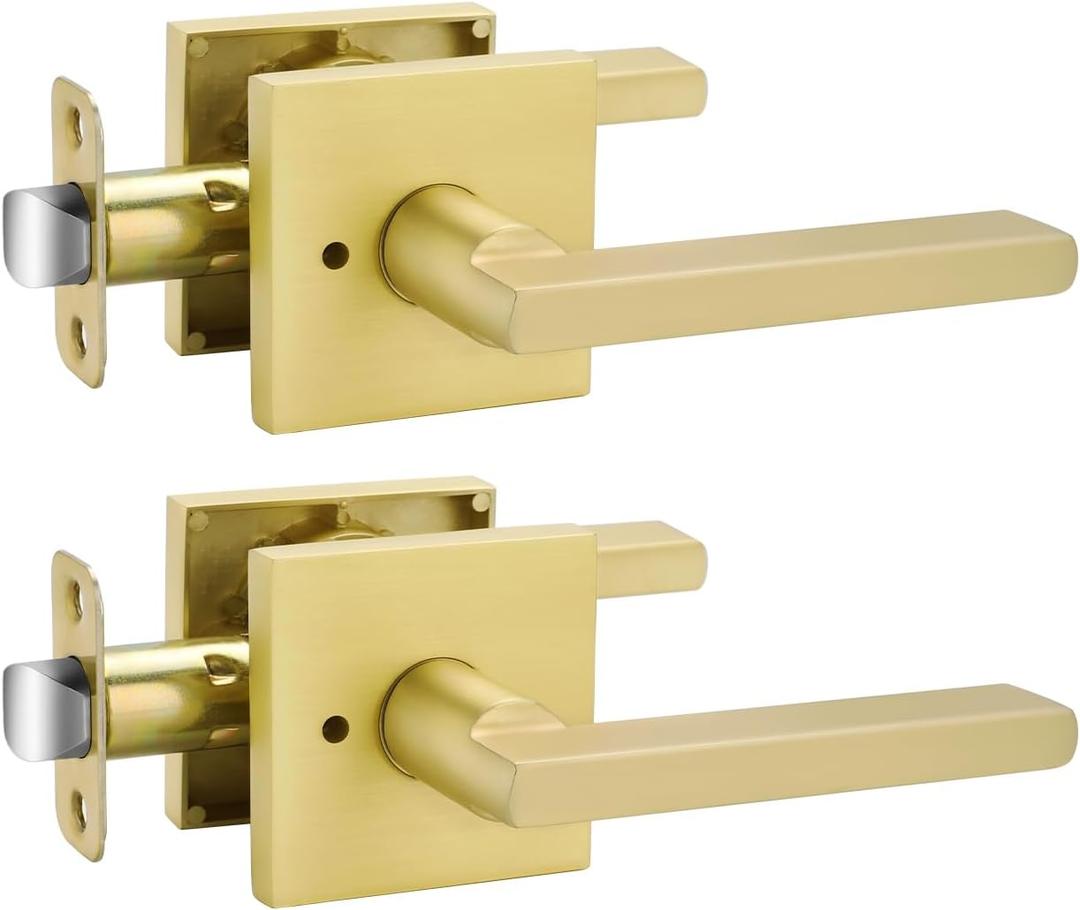 goldenwarm Gold Door Handles Interior, Zinc Alloy Heavy Duty Brushed Gold Interior Door Handles for Bedroom Bathroom, Modern Square Privacy Door Levers (2 Pack)
