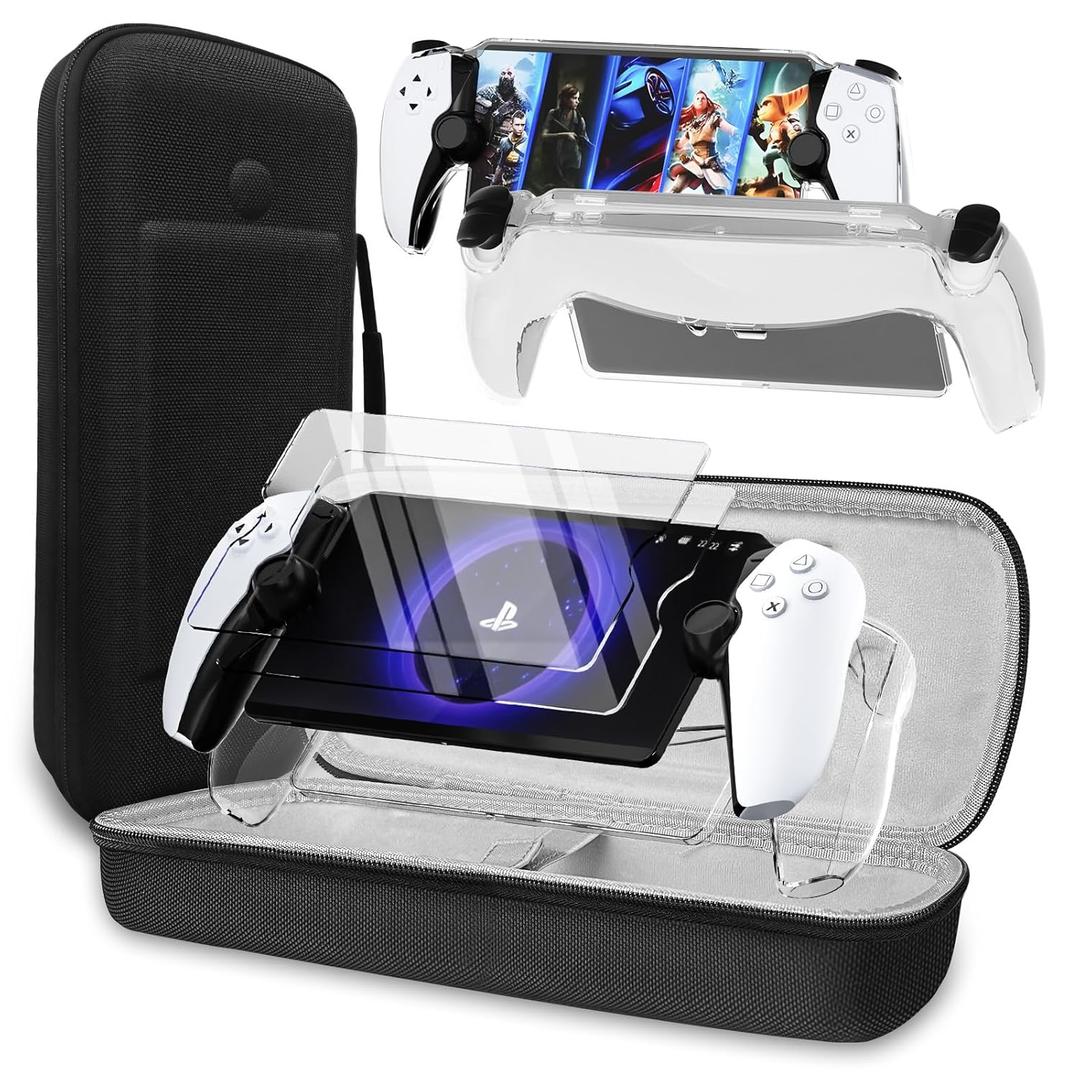 QUAGGY 3-in-1 Accessoris Kit Compatible with PlayStation Portal, EVA Carrying Case for PS Portal with Clear Skin Protective Case, 2 Screen Protectors for PlayStation Portal (transparent)