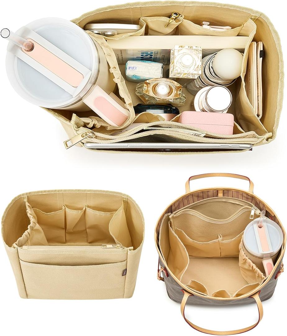 Tote Bag Organizer Insert with Stanley Cup Holder and Zipper Bag, Compatible with Neverfull, Saint Louis and More, 9 Pockets (Beige, Large)