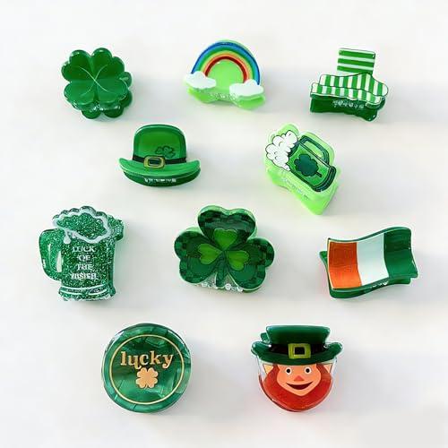 YUEELI 10 Pack St. Patrick's Day Hair Claw Clips, Irish Theme Green Shamrock Leprechaun Rainbow Beer Mug Flag Design, Acrylic Mini Claw Clips St. Patricks Day Hair Accessories for Women and Girls
