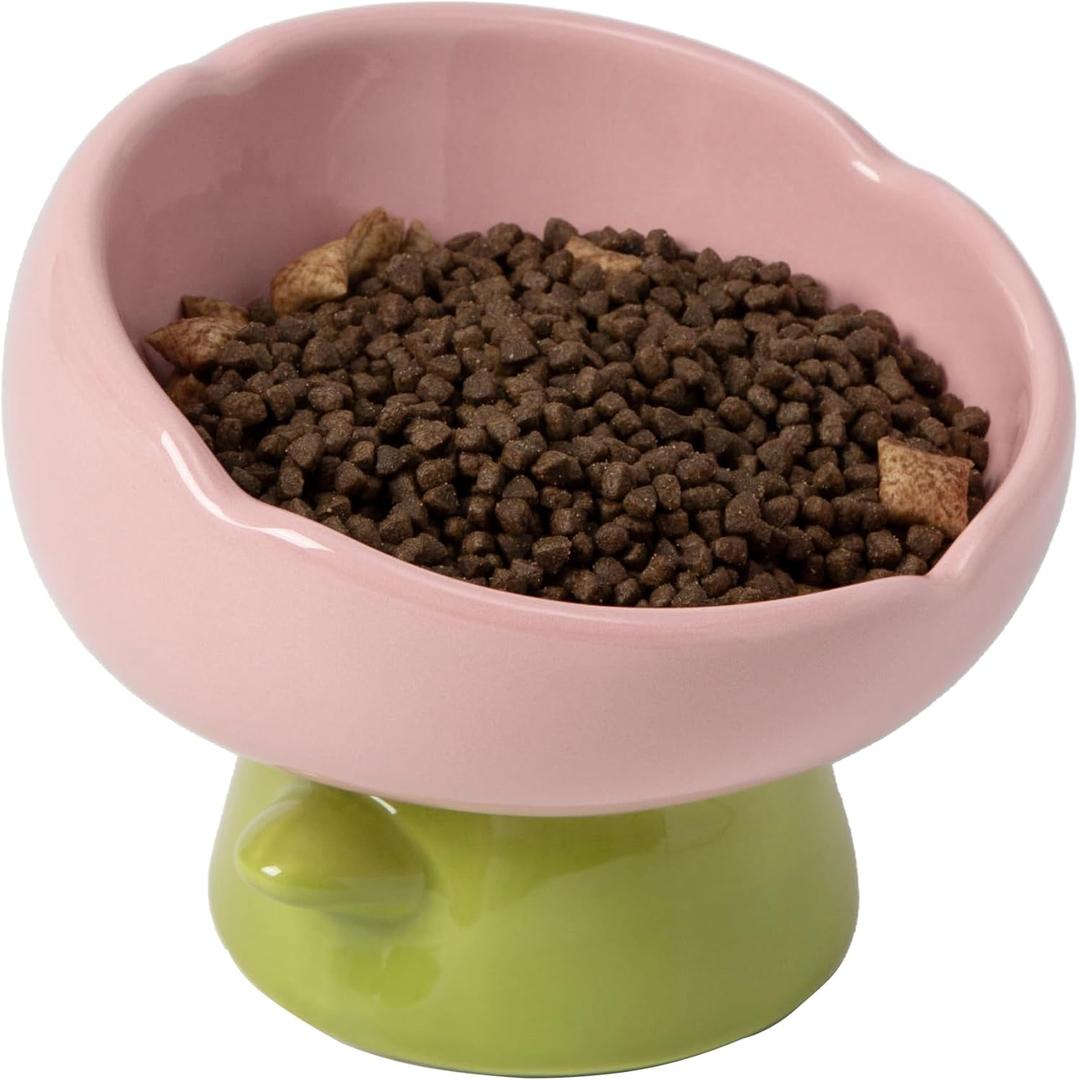 Raised Cat Food Bowl Neck and Whisker Friendly Tulip Shape Elevated Design Ceramic Color Pink