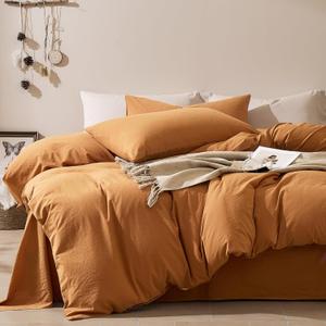 JELLYMONI Duvet Cover Queen Size - 100% Washed Cotton Comforter Cover with Linen-Like Texture, Breathable & Soft Bedding for Modern Home, Guest Room and Everyday Use,1 Duvet Cover & 2 Pillowcases (01- Amber Orange)