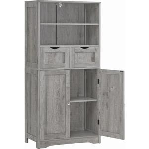Iwell Storage Cabinet with 2 Drawers & Adjustable Shelf, Tall Bathroom Cabinet with Doors, Cupboard, Kitchen Cabinets for Living Room, Dining Room, Entryway, Grey, 49.6''H