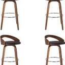 Armen Living Sonia 30" Bar Height Swivel Brown Faux Leather and Walnut Wood Bar Stool - Set of 2, 30" Seat Height