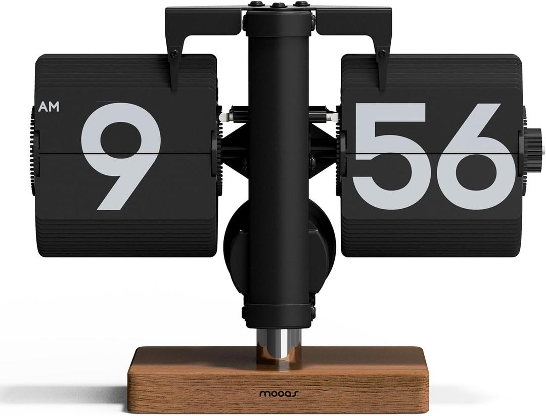 mooas Classic Modern Wood Mini Flip Desk Clock (Black), Retro Vintage Analog Design Auto Flip Clock Table Clock Large Number Battery Powered, Ideal for Home Office School Hotel Caf