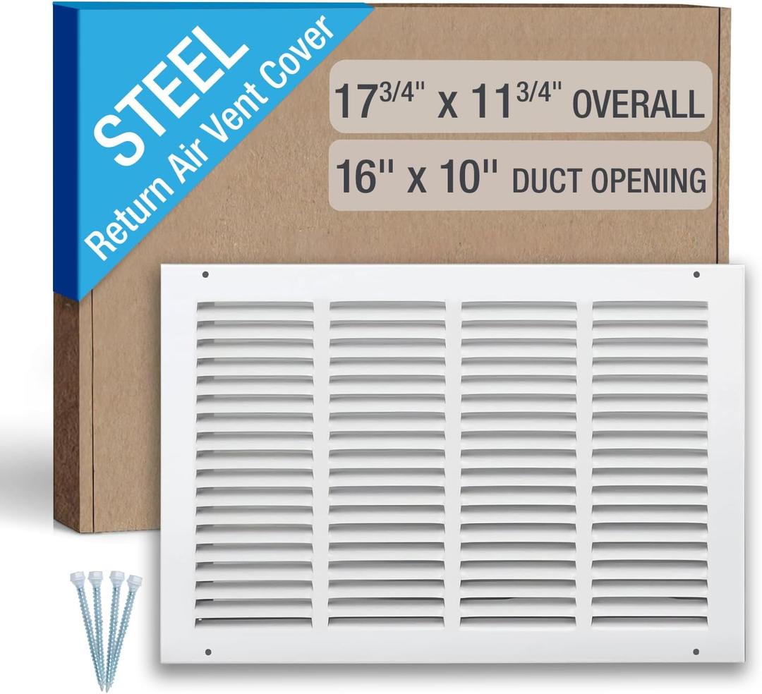 16 x 10 Inch (Duct Opening) Return Air Vent Cover, Louvered Steel HVAC Grille for Wall and Ceiling, White Powder-Coated Rust-Resistant Finish, Decorative Design, Easy to Install