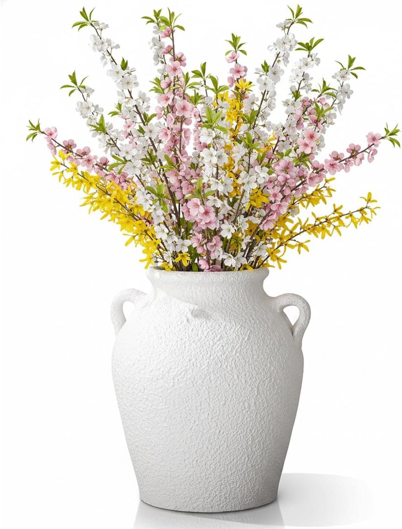 Mimorou Ceramic Vase with Handles 11 Inch Rustic Vintage Farmhouse Decorative Flower Vase Textured Pottery Decor for Pampas Grass Dried Flowers Home Table Centerpiece(White)
