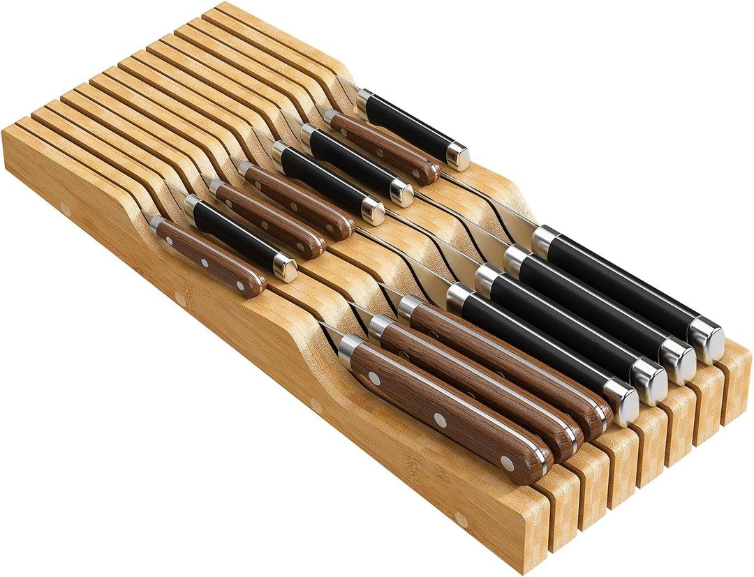Bamboo In-Drawer Knife Block for 15 Knives(Not Included), Knife Drawer Organizer,Knife Holder Countertop,Block Knife Storage Organizer for Kitchen