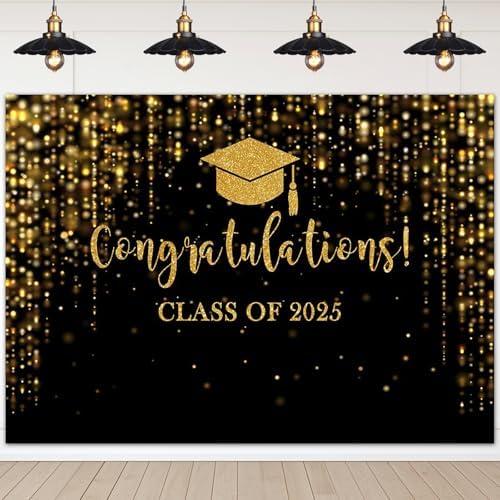Mocsicka Class of 2025 Backdrop Black Silver Glitter Bokeh Graduation Party Background 2025 Congrats Grad Prom Party Cake Table Decoration Photo Booth Props (7x5ft)
