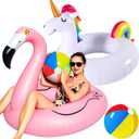 FindUWill 2 Pack Pool Floats with 2Pcs Balls Pool Toys, 57'' Large Unicorn Pool Float 46'' Flamingo Pool Floaties for Adult, Heavy Duty Inflatable Swimming Pool Accessories for Pool Water Party